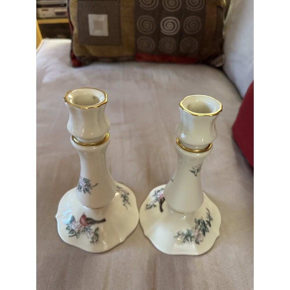 Gorgeous Pair Lenox "Serenade" CenterPiece With 24K Gold Floral Candlesticks - Picture 9 of 10